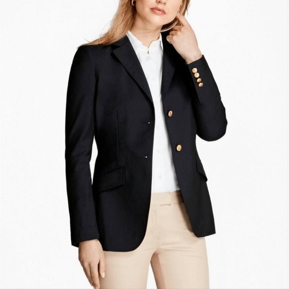 Brooks Brothers Loro Piana Gold Button Blazer Navy Blue 100% Wool Womens 6